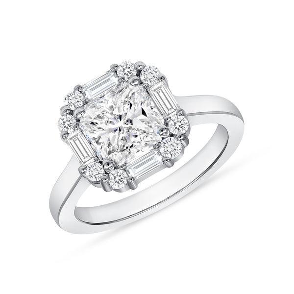 Baguette and Round Halo Diamond Ring on Solid Band