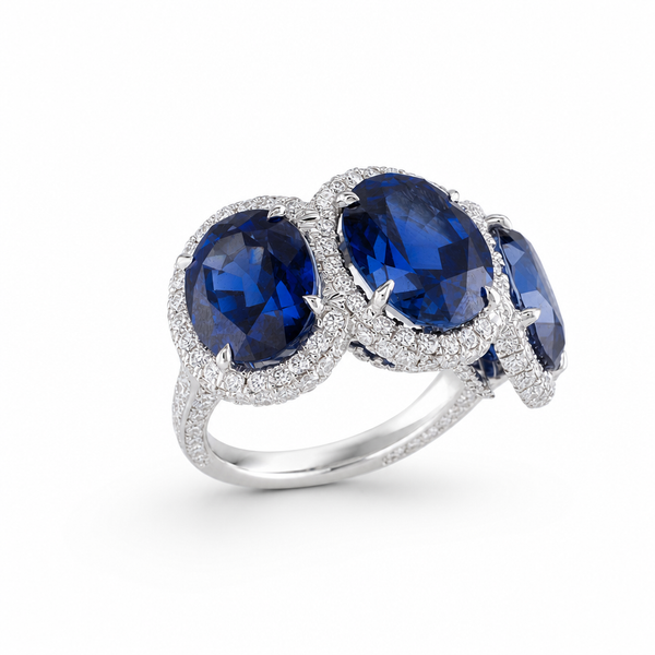 Three Stone Diamond Halo Lab Blue Sapphire Ring