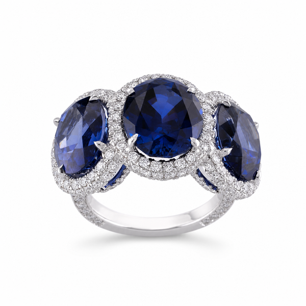 Three Stone Diamond Halo Lab Blue Sapphire Ring