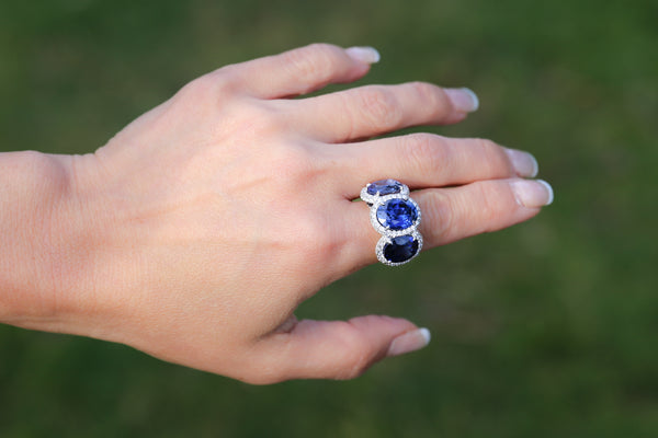 Three Stone Diamond Halo Lab Blue Sapphire Ring