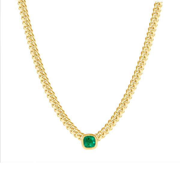 Green Emerald Bezel Cuban Chain Necklace