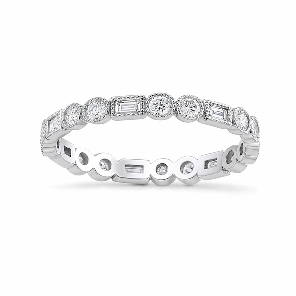 Baguette and Round Diamond Ring with Milgrain