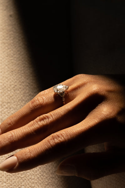 Pear Cut Baguette and Round Diamond Halo Ring