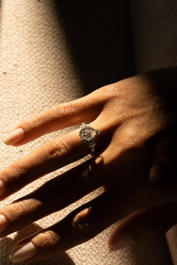 Pear Cut Baguette and Round Diamond Halo Ring