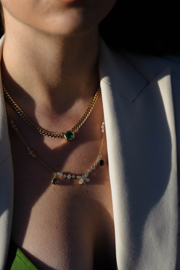 Green Emerald Bezel Cuban Chain Necklace