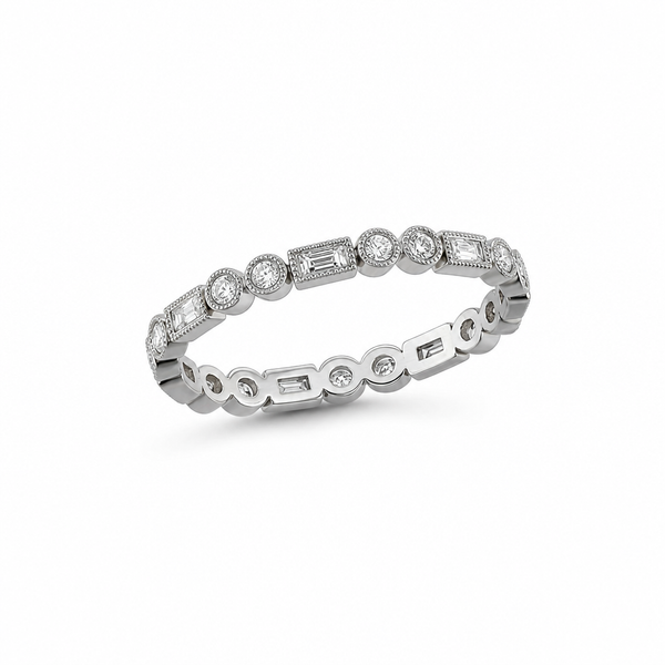 Baguette and Round Diamond Ring with Milgrain