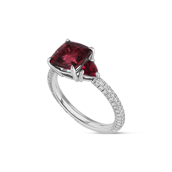 Three Stone Red Tourmaline and Diamond Ring Natural