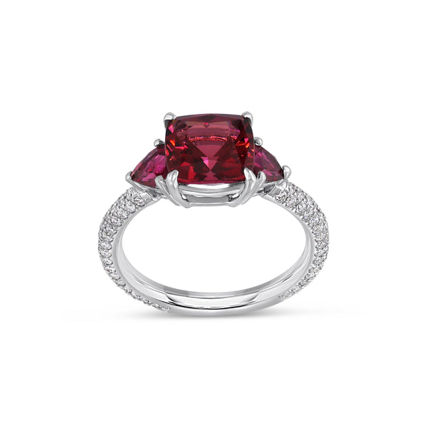 Three Stone Red Tourmaline and Diamond Ring Natural