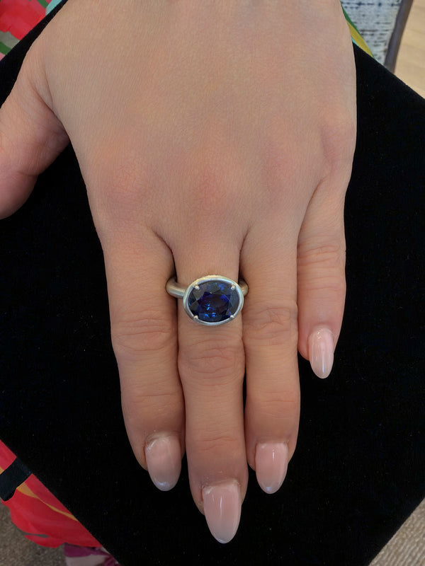 Blue Sapphire Lab Cup Ring with Natural Diamonds