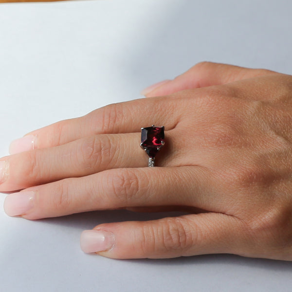 Three Stone Red Tourmaline and Diamond Ring