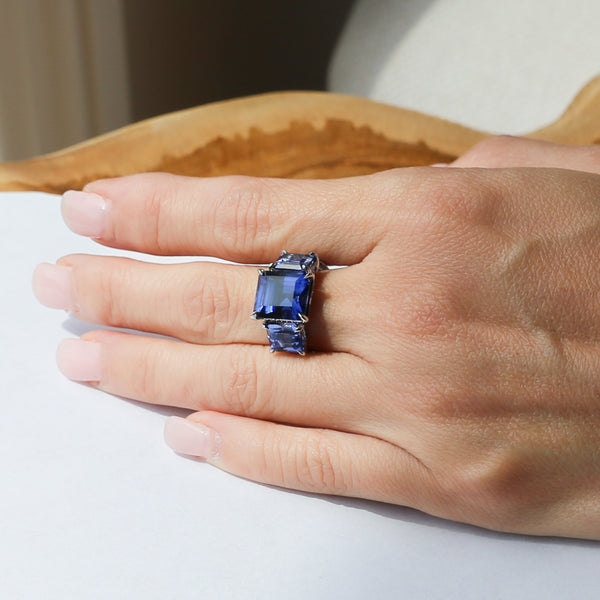 Three Stone Lab Blue Sapphire and Natural Diamond Ring