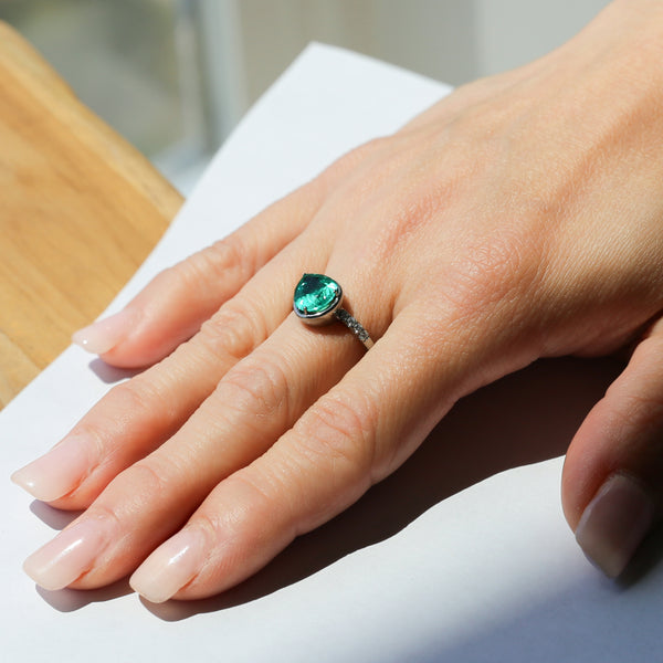 Titanium Lab Emerald with Diamonds Pear Ring