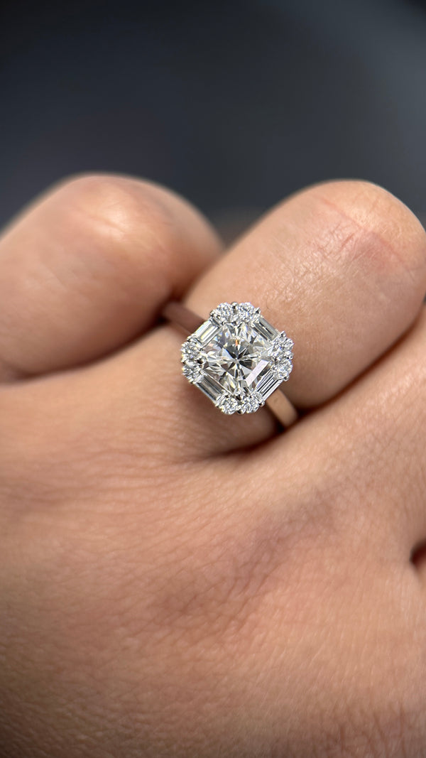 Baguette and Round Halo Diamond Ring on Solid Band