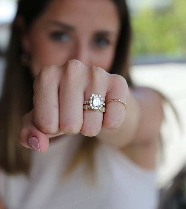 Emerald Cut Baguette and Round Diamond Halo Ring
