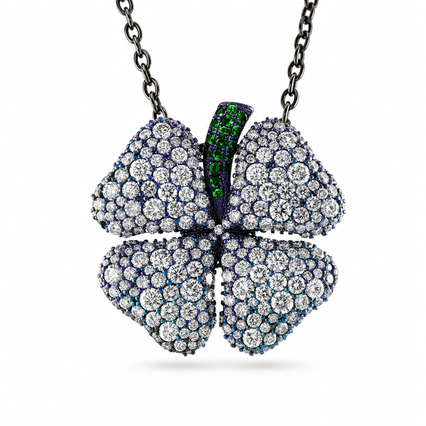 Titanium Lab Diamond and Tzavorite Four Leaf Clover in Organic Pavé
