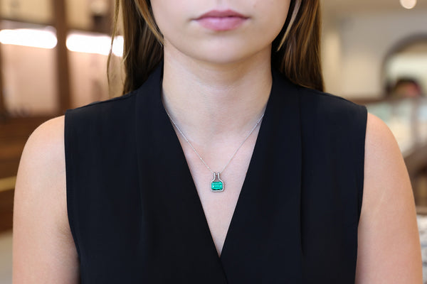 Titanium Double Hoop 3.5 ct Lab Emerald and Diamond Pendant