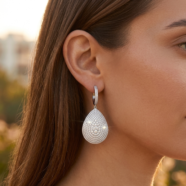 Pave Diamond Teardrop Drop Earrings 7.00 ctw | 14K White Gold