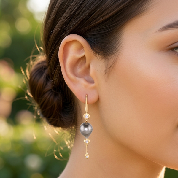 Diamond and Tahitian Pearl 14k Hoop Earrings