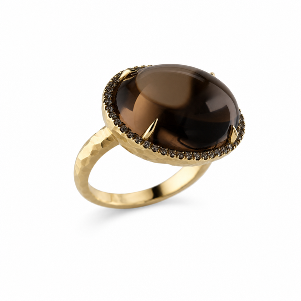 Smokey Topaz Cup Ring Hammered Gold 14k