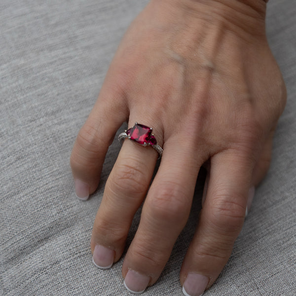 Three Stone Red Tourmaline and Diamond Ring Natural