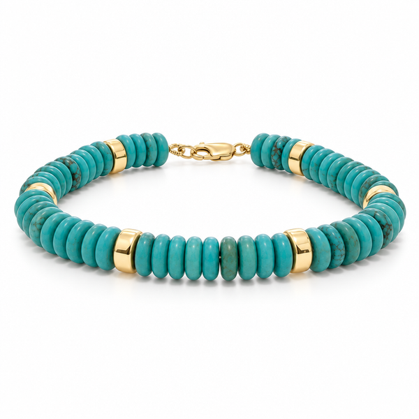 Men's Turquoise Disc Bead and 14k Gold Bracelet