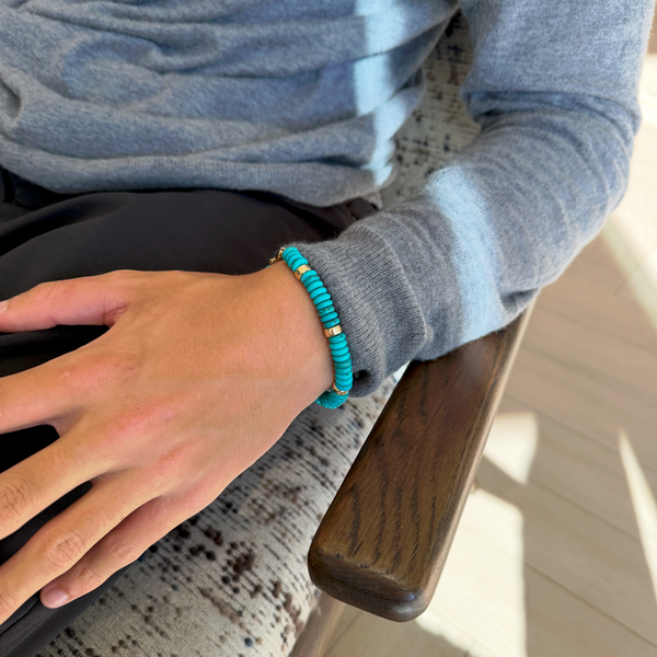 Men's Turquoise Disc Bead and 14k Gold Bracelet