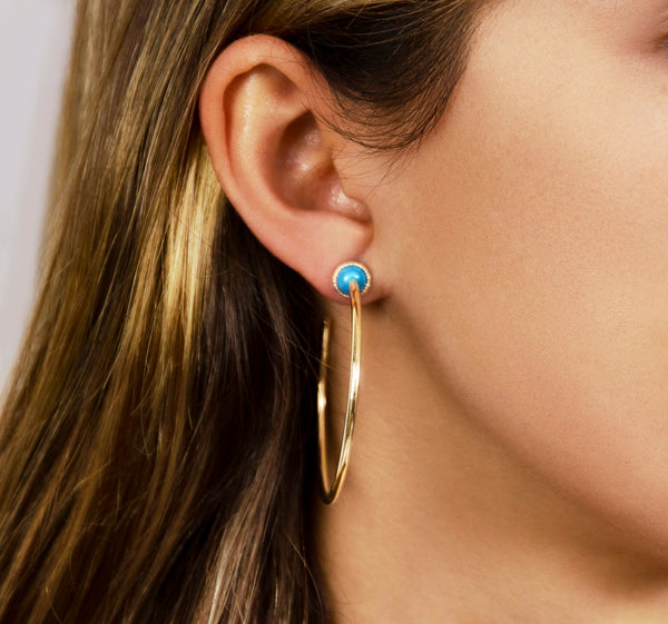 Turquoise on 14K Yellow 2 inch Gold Hoops