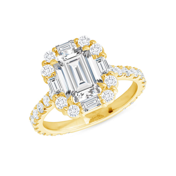 Emerald Cut Baguette and Round Diamond Halo Ring