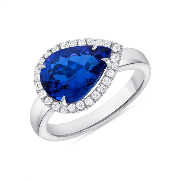 Pear Cut Blue Tanzanite Halo Ring