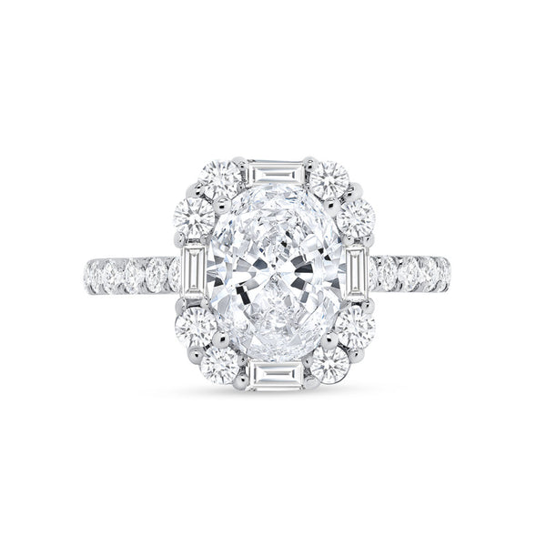 Oval Cut Baguette and Round Diamond Halo Ring