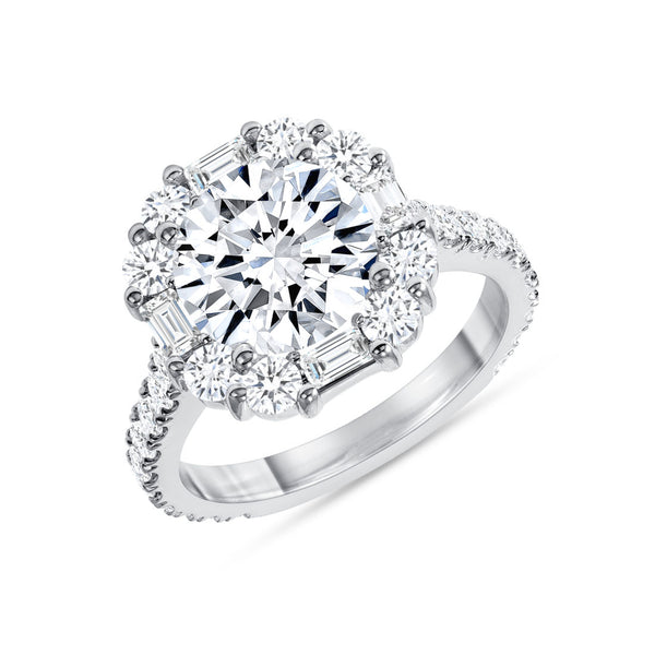 Round Cut Baguette and Round Halo Diamond Ring