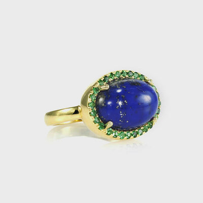 Blue Lapis with Green Tzavorite Surrounding on 18k Gold Cup Base