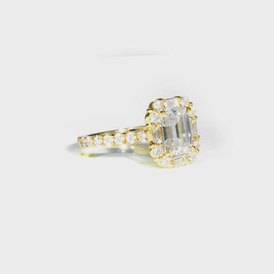 Emerald Cut Baguette and Round Diamond Halo Ring
