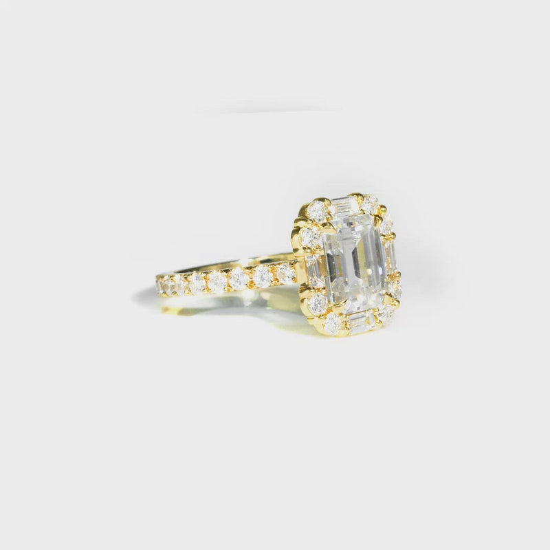 Emerald Cut Baguette and Round Diamond Halo Ring