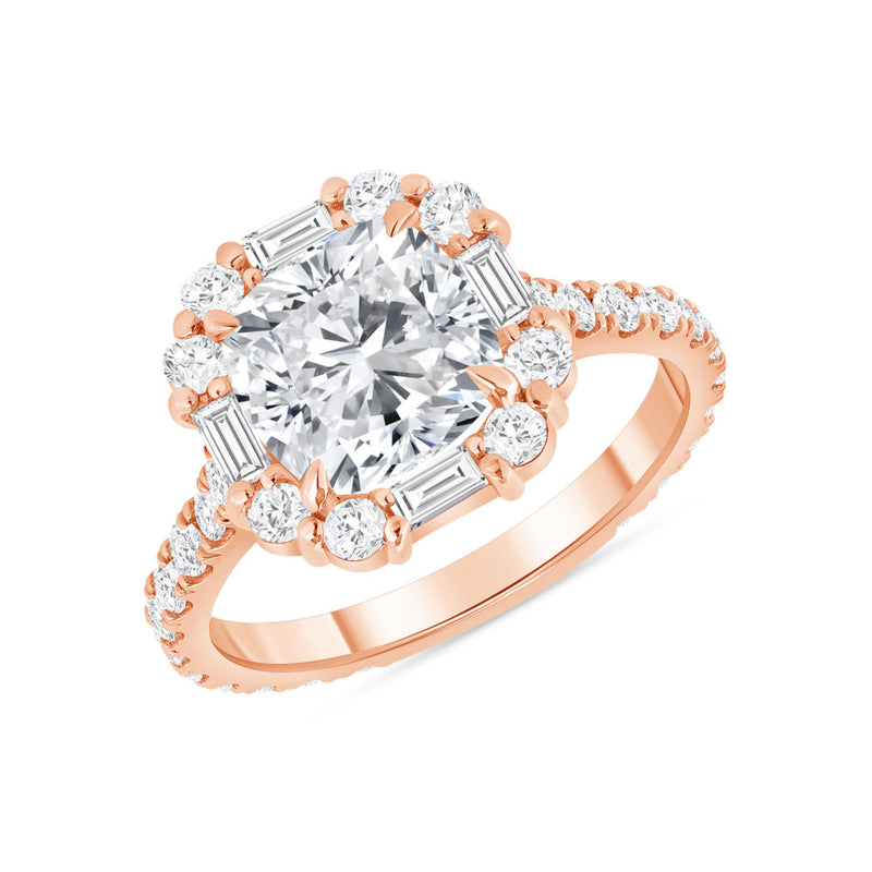 Cushion Cut Baguette and Round Diamond Halo Ring
