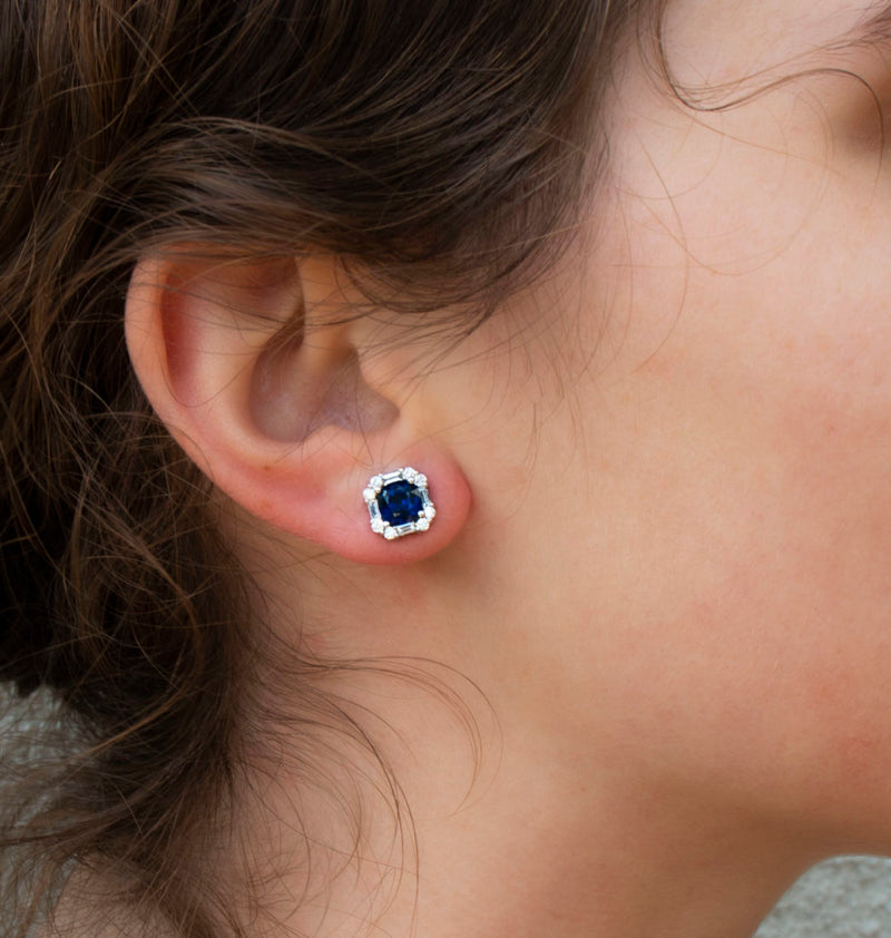 Blue Sapphire and Diamond Baguette and Round Halo Earrings