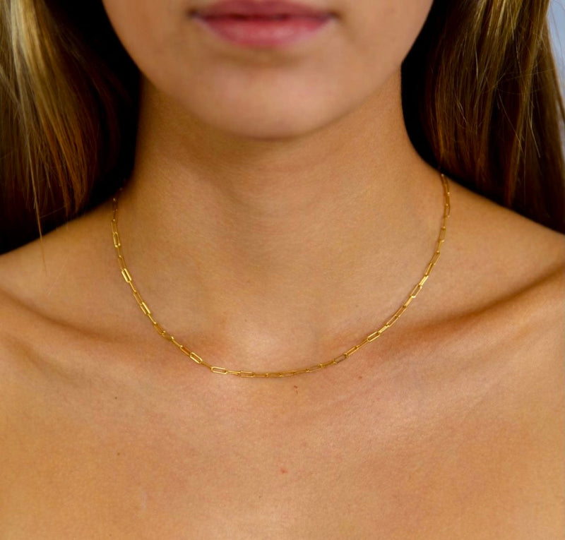14k Solid Gold X-Small Paperclip Necklace 16 inches