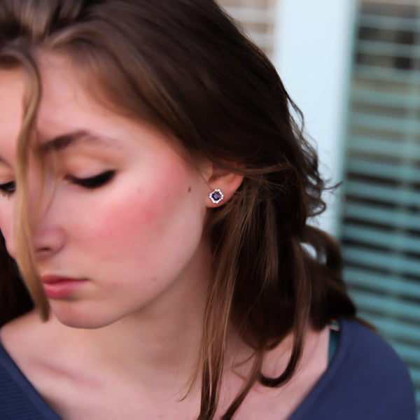 Blue Sapphire and Diamond Baguette and Round Halo Earrings