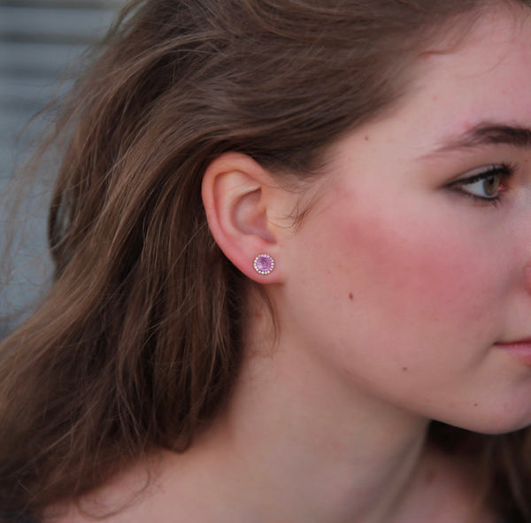 Pink Sapphire Halo Diamond Earrings