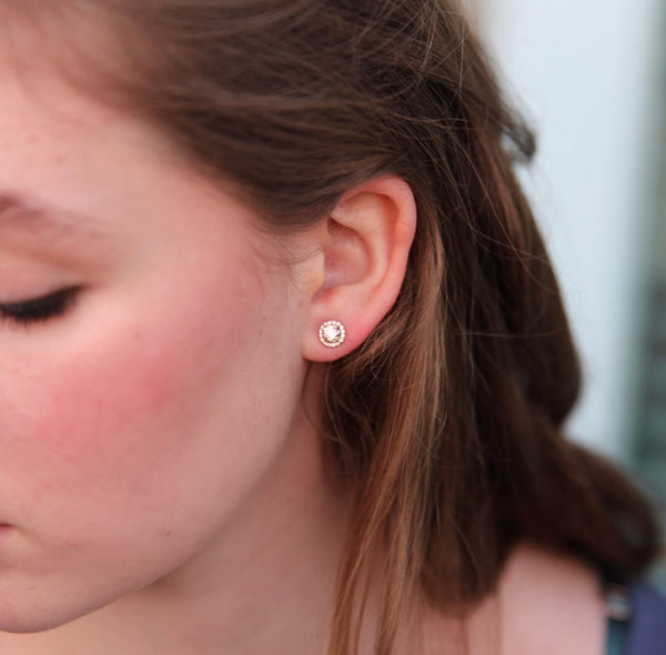 Champagne Diamond Stud .65 carat Handcrafted Halo 14k rose gold