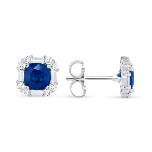 Blue Sapphire and Diamond Baguette and Round Halo Earrings