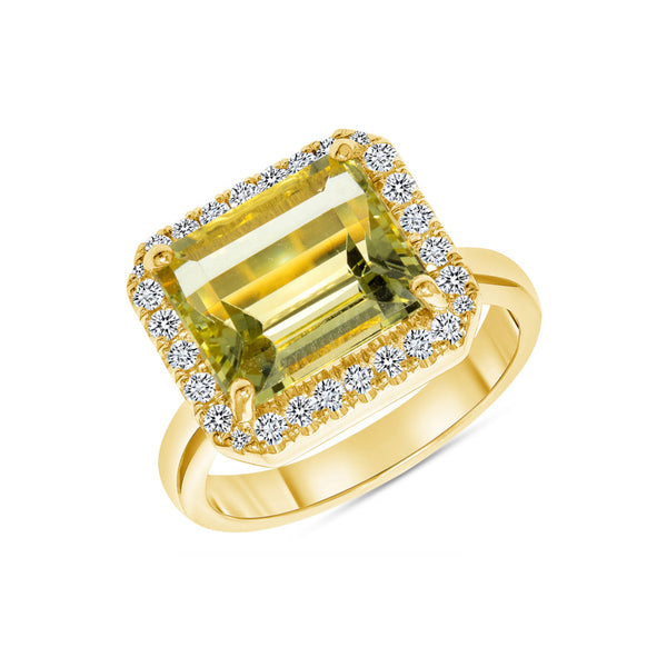 Yellow Beryl with Diamonds Surrounding on 18k Gold Cup Base