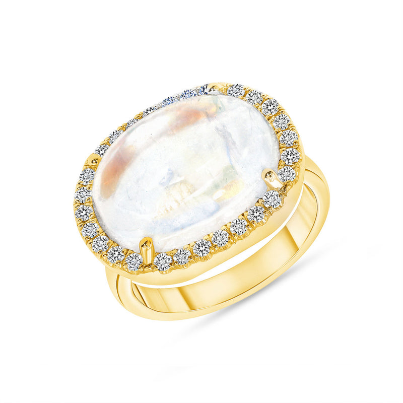 Moonstone with Diamonds Surrounding on 18k Gold Cup Base