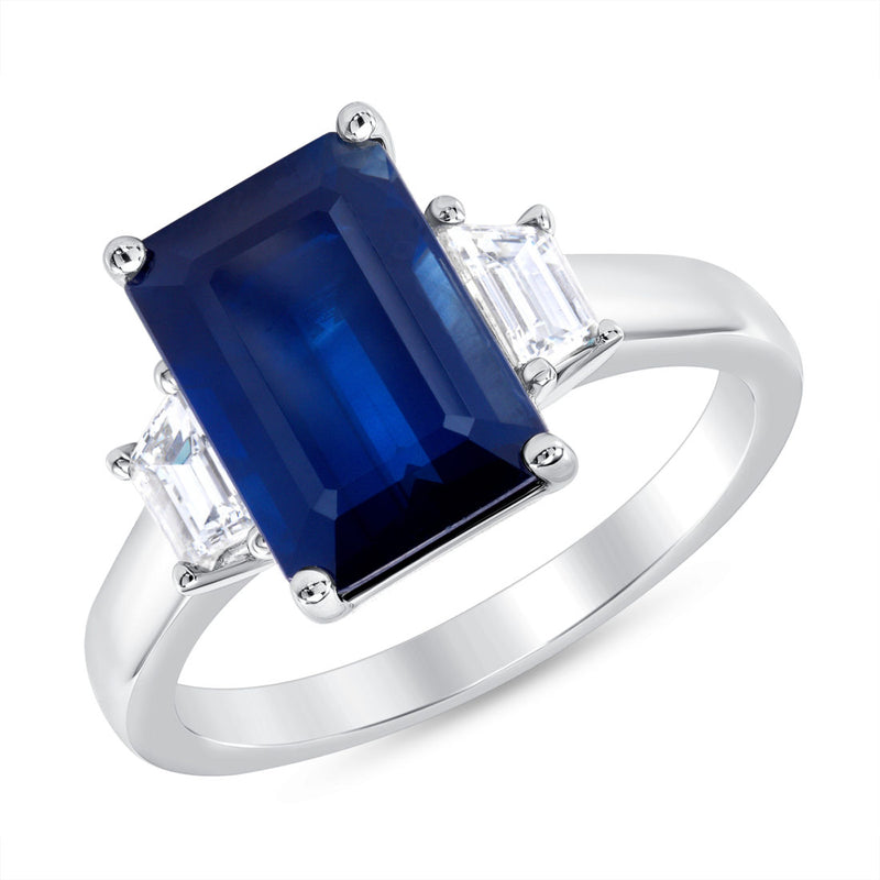 Blue Sapphire Ring with Trapezoid Diamonds