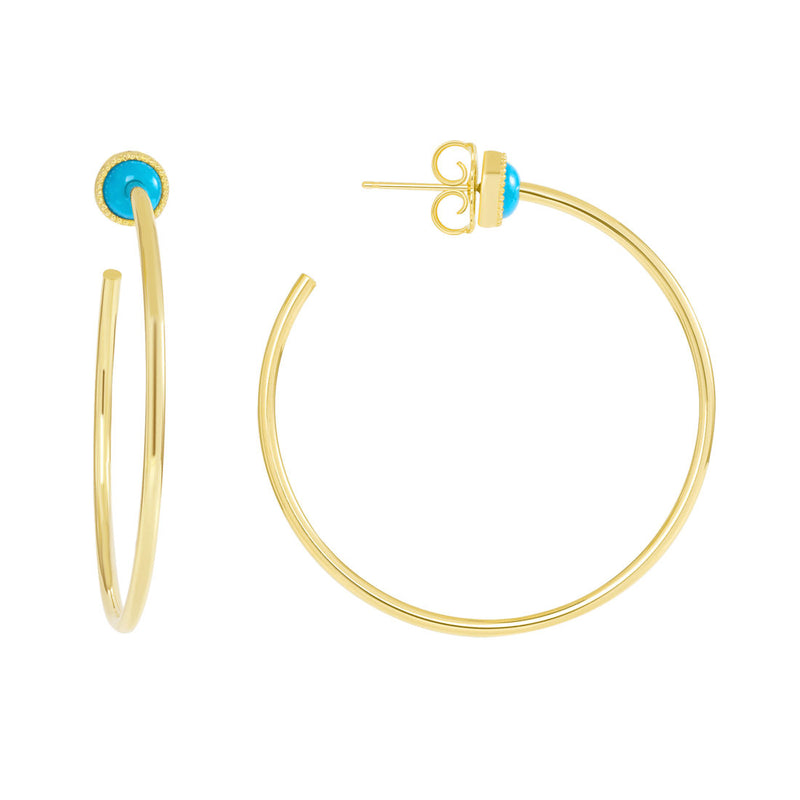 Turquoise on 14K Yellow 2 inch Gold Hoops