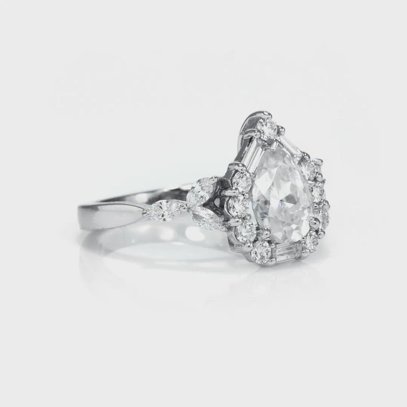 Pear Cut Baguette and Round Diamond Halo Ring