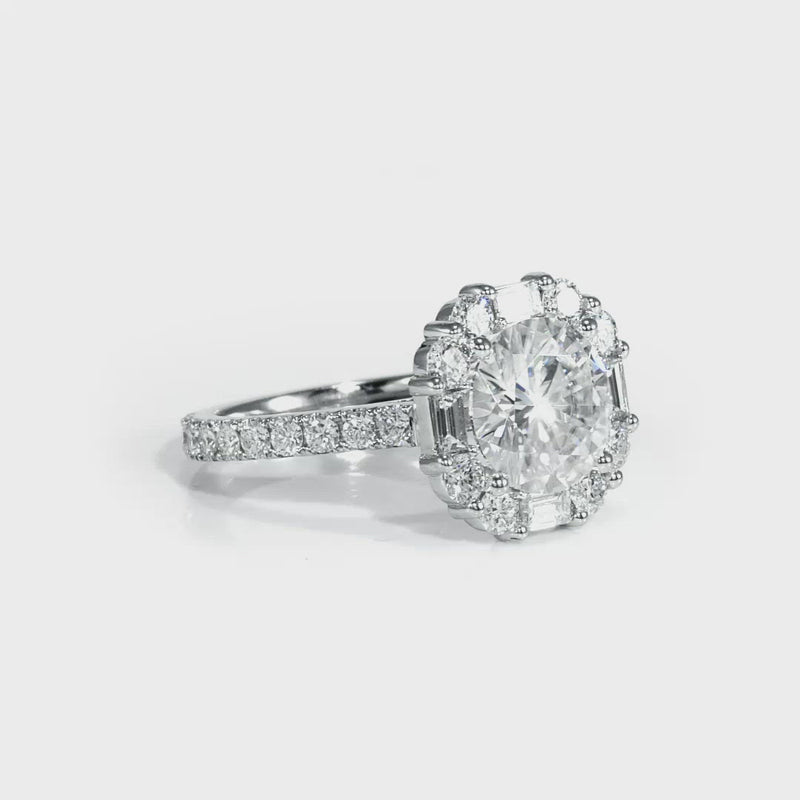 Round Cut Baguette and Round Halo Diamond Ring