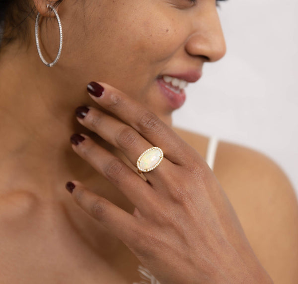 Opal Cup Ring with Diamonds Surrounding on 18k Gold
